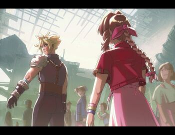  aerith_gainsborough armor armored_gloves bandaged_arm bandages bangle belt black_border blonde_hair border bracelet braid braided_ponytail brown_hair cloud_strife cropped_jacket crowd dress earrings emi-bianchi final_fantasy final_fantasy_vii final_fantasy_vii_rebirth final_fantasy_vii_remake from_below hair_between_eyes hair_ribbon highres jacket jewelry letterboxed looking_at_another midgar multiple_belts outstretched_hand parted_bangs pauldrons pink_dress pink_ribbon red_jacket ribbon shoulder_armor sidelocks single_bare_shoulder single_braid single_earring single_pauldron sleeveless sleeveless_turtleneck slums smile spiked_hair suspenders turtleneck twitter_username upper_body 