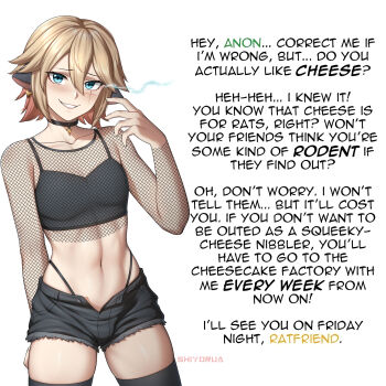  1boy absurdres animal_ears blonde_hair blue_eyes blush character_name cheese_earrings choker clenched_teeth collarbone commentary cowboy_shot earrings english_commentary english_text fishnet_top fishnets food-themed_earrings hair_between_eyes highres indie_virtual_youtuber jewelry linea_alba looking_at_viewer medium_hair navel open_mouth scar scar_on_face second-party_source shiyorua_(vtuber) short_shorts shorts simple_background solo teeth trap unbuttoned virtual_youtuber white_background zxpfer 