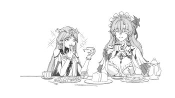  2girls absurdres alice_(dkfl_tm09too) bare_shoulders breasts cake cantarella_(wuthering_waves) cartethyia_(wuthering_waves) closed_eyes closed_mouth commentary crown_of_thorns earrings english_commentary flower food greyscale hair_flower hair_ornament hand_up headdress highres holding holding_cake holding_food jewelry large_breasts long_hair looking_at_another monochrome multiple_earrings multiple_girls parted_bangs pointy_ears shrug_(clothing) smile sparkle sparkling_aura tacet_mark_(wuthering_waves) wuthering_waves 