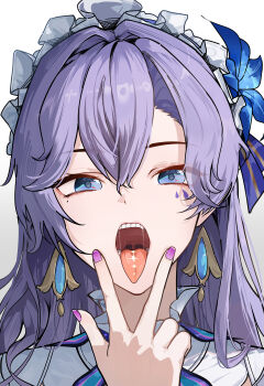 1girl absurdres blue_eyes blue_flower cantarella_(wuthering_waves) commentary earrings english_commentary facial_mark flower hair_between_eyes hair_flower hair_ornament hand_up headdress highres jewelry long_hair looking_at_viewer mark_under_eye nail_polish open_mouth portrait purple_hair purple_nails ryeon_(naturesan) solo tacet_mark_(wuthering_waves) tongue tongue_out w wuthering_waves rating:Sensitive score:18 user:danbooru