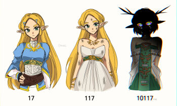  1girl age_progression artist_name black_gloves blonde_hair blue_shirt braid bruise bruise_on_face commentary crown_braid dragon_girl dragon_horns dress earrings fingerless_gloves gloves green_eyes green_tabard hair_ornament hairclip hashtag-only_commentary highres horns injury jewelry light_dragon_(zelda) long_hair looking_at_viewer mori_(vvmorivv) multiple_views nintendo pointy_ears princess_zelda shaded_face shirt short_hair sidelocks simple_background smile spoilers tabard the_legend_of_zelda the_legend_of_zelda:_breath_of_the_wild the_legend_of_zelda:_tears_of_the_kingdom upper_body white_background white_dress 