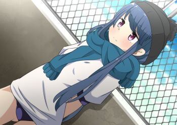  1girl arms_behind_back ass blue_buruma blue_hair buruma chain-link_fence cloud day feet_out_of_frame female_focus fence gluteal_fold gym_uniform hat legs long_hair naruse_mai outdoors purple_eyes scarf shima_rin shirt sky solo standing t-shirt white_shirt yurucamp 