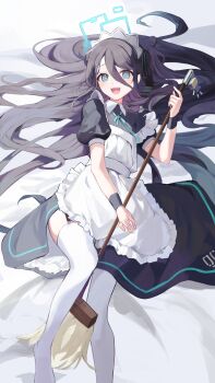  1girl :d absurdres apron aqua_eyes aqua_ribbon aris_(blue_archive) aris_(maid)_(blue_archive) bed_sheet black_dress black_garter_straps black_hair black_ribbon black_wrist_cuffs blue_archive blue_halo blush borrowed_clothes collared_dress commentary_request contrast_collar dress foot_out_of_frame frilled_apron frills garter_straps hair_between_eyes hair_ribbon hair_spread_out halo highres holding holding_mop kei_(robot)_(blue_archive) knee_up long_bangs long_hair long_hair_between_eyes looking_at_viewer lying maid maid_apron maid_headdress mop neck_ribbon no_shoes number_print official_alternate_costume on_back on_bed one_side_up open_mouth parted_bangs pba_471 puffy_short_sleeves puffy_sleeves rectangular_halo ribbon short_sleeves sidelocks smile solo strap_slip teeth thighhighs upper_teeth_only very_long_hair white_apron white_headdress white_thighhighs wrist_cuffs 