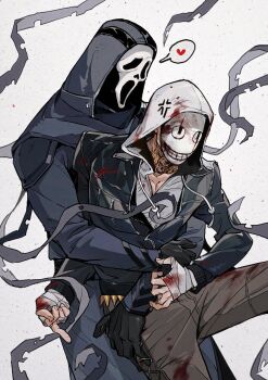  2boys absurdres anger_vein arms_around_waist bandaged_hand bandages black_coat black_jacket blood blood_on_clothes blood_on_hands coat commentary dead_by_daylight frank_morrison ghostface grey_pants heart heizuo955 highres hood hood_up hoodie jacket lapels long_sleeves male_focus mask multiple_boys neck_tattoo pants scream_(movie) speech_bubble spoken_heart symbol-only_commentary tattoo the_legion_(dead_by_daylight) white_background white_hoodie yaoi 