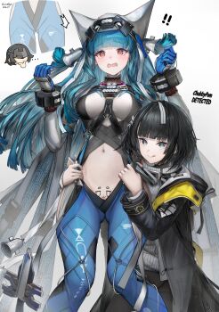  2girls :q absurdres arknights arknights:_endfield black_coat black_hair blue_gloves blue_hair blue_hiphighs blunt_bangs breasts chibi chibi_inset closed_mouth coat cropped_shirt embarrassed endministrator_(arknights) feet_out_of_frame female_endministrator_(arknights) gloves helmet highres hiphighs irvinetope large_breasts last_rite_(arknights) long_hair long_sleeves multiple_girls navel open_clothes open_coat open_mouth pussy pussy_peek shirt short_hair smile standing sweater tongue tongue_out white_helmet white_shirt white_sweater 