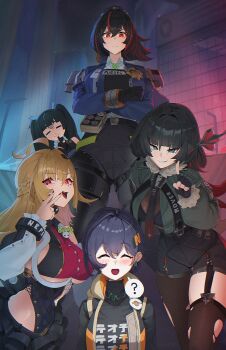  5girls =_= ? absurdres animal_ears belle_(zenless_zone_zero) black_gloves black_hair black_necktie black_pants black_shirt blonde_hair blue_hair blue_jacket blush breasts cissia_(zenless_zone_zero) closed_eyes commentary crossed_arms ellen_joe english_commentary fingerless_gloves frown gloves green_hair grey_jacket gunbuster_pose hair_ornament high-waist_pants high-waist_shorts highres jacket large_breasts letter_hair_ornament long_hair mouse_ears mouse_tail multicolored_hair multiple_girls necktie pants ponytail qingyi_(zenless_zone_zero) red_eyes red_hair red_nails roro_(tpghksdlzpq) shirt shorts streaked_hair tail twintails underboob zenless_zone_zero zhu_yuan 