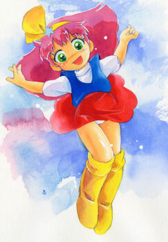  1girl blue_vest blush boots cloud floating green_eyes hair_ornament hair_ribbon hairband hoshino_fuuta knee_boots loli looking_at_viewer mahou_no_princess_minky_momo minky_momo open_mouth panties pink_hair red_skirt ribbon shirt short_hair short_sleeves skirt sky smile star_(symbol) star_hair_ornament underwear vest white_panties white_shirt wind wind_lift yellow_boots yellow_ribbon 