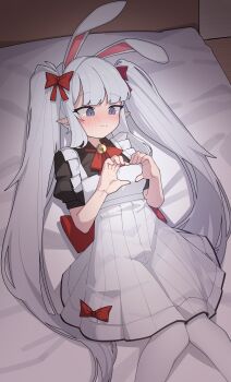  1girl absurdres animal_ears apron bell black_dress blue_eyes blunt_bangs blush bow bowtie breasts closed_mouth commentary dress ear_blush elf extra_ears fake_animal_ears hair_bow hakama hakama_skirt heart heart_hands highres hns japanese_clothes kimono korean_commentary long_hair looking_down maid nose_blush pleated_skirt pointy_ears puffy_short_sleeves puffy_sleeves rabbit_ears red_bow red_bowtie sailor_collar sash shirt short_sleeves skirt solo twintails two_side_up very_long_hair white_kimono white_shirt 