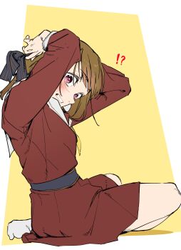  !? 1girl absurdres arms_up black_ribbon blush border brown_dress brown_hair clenched_teeth commentary dress full_body hair_ribbon hasu_no_sora_school_uniform highres kachimachi_kosuzu link!_like!_love_live! long_hair long_sleeves looking_at_viewer love_live! neckerchief no_shoes outside_border pink_eyes purple_eyes repurika ribbon sailor_collar sailor_dress school_uniform simple_background sitting socks solo surprised teeth tying_hair untranslatable_commentary virtual_youtuber white_border white_sailor_collar white_socks winter_uniform yellow_background yellow_neckerchief 