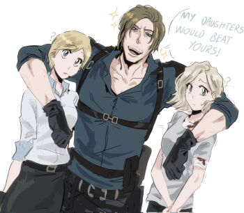  1boy 2girls 31ulkubo black_shirt blonde_hair collared_shirt commentary english_text gloves grace_ashcroft highres leon_s._kennedy multiple_girls resident_evil resident_evil_requiem sherry_birkin shirt tall_male untranslatable_commentary white_shirt 