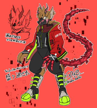  1boy alternate_costume alternate_form animal_ears animal_feet animal_hands animification antenna_hair artist_name black_bodysuit black_horns black_sclera bodysuit boots brown_hair character_name claws colored_sclera commentary_request cyberpunk digitigrade eddsworld fingerless_gloves flipped_hair full_body gloves hair_ears high_collar high_heel_boots high_heels highres hood hooded_jacket horns jacket kaiyo_noba male_focus mismatched_sclera monster_boy monsterification multiple_views muzzle_(mask) no_nose open_clothes open_jacket red_background red_jacket simple_background solo_focus standing tail tord_(eddsworld) translation_request wolf_boy wolf_ears zipper zipper_pull_tab 