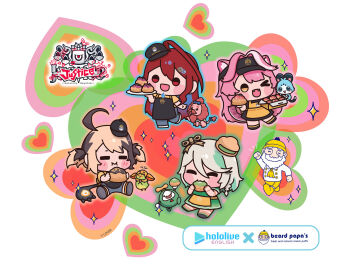  ahoge animal_ears blue_fire cecilia_immergreen chattino_(raora_panthera) chibi colored_inner_hair commentary cream eating elizabeth_rose_bloodflame english_commentary fire gigi_murin highres holojustice hololive hololive_english lienliensn long_hair multicolored_hair one_eye_closed otomo_(cecilia_immergreen) pink_hair popo_(gigi_murin) raora_panthera red_eyes red_hair smol_ceci smol_gigi smol_raora virtual_youtuber 