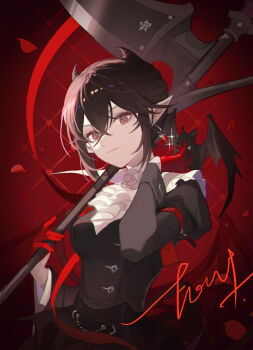  1girl absurdres arknights ascot bat_(animal) black_dress black_hair blue_shrimp breasts closed_mouth commentary_request dated dress entelechia_(arknights) flower gloves highres holding holding_scythe holding_weapon juliet_sleeves long_sleeves looking_at_viewer medium_breasts petals pointy_ears puffy_sleeves red_background red_eyes red_gloves rose scythe short_hair signature smile solo sparkle upper_body weapon white_ascot white_flower white_rose 