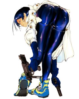  1girl ankle_boots ass bent_over blue_boots blue_gloves blue_hair blue_pants boots clip_studio_paint_(medium) coat commentary cyborg english_commentary from_behind full_body furrowed_brow ghost_in_the_shell gloves highres impossible_clothes impossible_pants instagram_username kusanagi_motoko leather leather_pants looking_ahead multicolored_boots pants parted_lips serious short_hair sidelocks solo three-quarter_sleeves tigerchild two-tone_boots white_background white_coat yellow_boots yellow_eyes 