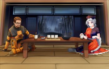  1boy 1girl absurdres armor bamboo bamboo_forest beard boots braid breasts brown_hair commentary commission crossover crowbar cup deryuuter dress eientei english_commentary facial_hair forest glasses gloves gordon_freeman grey_eyes grey_hair half-life_(series) hat hev_suit highres holding holding_cup indoors lambda_symbol large_breasts long_hair multicolored_dress nature nurse_cap on_floor orange_armor orange_boots orange_gloves power_armor rain second-party_source smile socks table teapot touhou very_long_hair weapon white_socks wooden_floor yagokoro_eirin 