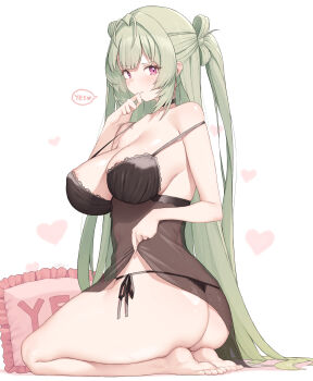  1girl absurdres antenna_hair areola_slip ass barefoot black_choker black_panties breasts choker cloba collarbone commentary english_commentary english_text feet from_side goddess_of_victory:_nikke green_hair heart heart_background highres large_breasts lifting_own_clothes lingerie long_hair looking_at_viewer mole mole_on_breast panties pink_eyes seiza side-tie_panties sitting soda_(nikke) soles solo speech_bubble strap_gap strap_slip thick_thighs thighs twisted_torso underwear very_long_hair white_background yes-no_pillow 