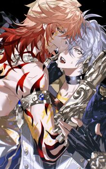  2boys absurdres antenna_hair arm_tattoo armlet armor back_tattoo black_choker black_coat black_gloves black_shirt blonde_hair blood blood_from_mouth bloody_tears blue_eyes braid chinese_commentary choker clawed_gauntlets coat commentary_request earrings facial_tattoo fingerless_gloves gloves gold_earrings gold_necklace gradient_hair highres honkai:_star_rail honkai_(series) jewelry liaoxiaoyan0919 male_focus medium_hair multicolored_hair multiple_boys mydei_(honkai:_star_rail) neck_tattoo necklace open_clothes open_coat parted_bangs pauldrons phainon_(honkai:_star_rail) red_hair red_tattoo shirt short_hair shoulder_armor side_braid single_pauldron sun_symbol sun_tattoo tan tattoo white_coat white_hair yellow_blood yellow_eyes 