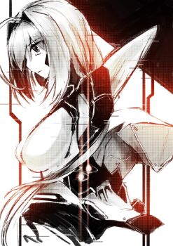  1girl ahoge armored_bodysuit bodysuit bow breasts crying crying_with_eyes_open fortified_suit fortified_suit_(kagami_sumika) hair_bow hair_intakes highres kagami_sumika kawasemi_alter long_hair low_ponytail mecha mecha_pilot_suit medium_breasts muv-luv muv-luv_alternative partially_colored ponytail robot solo tears very_long_hair xg-70d_susanoo_iv 