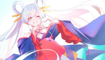  1girl absurdres bare_shoulders blue_kimono blush breasts chinese_text cho_kaguya-hime! collarbone commentary fingernails four-finger_heart_hands grey_hair hair_rings heart heart_hands highres japanese_clothes kimono kiratto777 long_hair looking_at_viewer medium_breasts nail_polish one_eye_closed purple_nails runami_yachiyo simplified_chinese_text smile solo teeth twintails upper_body very_long_hair white_background 