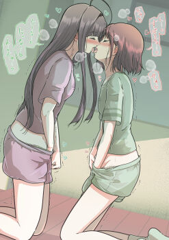  2girls 5tb ahoge awa_subaru blush brown_hair closed_eyes commentary_request dutch_angle female_masturbation french_kiss girls_band_cry green_panties green_shirt green_shorts hand_in_own_panties highres iseri_nina kiss kneeling long_hair long_sidelocks masturbating_together masturbation motion_lines multiple_girls nose_blush open_mouth panties panty_peek purple_shirt purple_shorts saliva saliva_trail shirt short_hair short_shorts short_sleeves shorts sidelocks sound_effects speech_bubble steam straight_hair t-shirt tongue tongue_out translation_request trembling underwear yellow_panties yuri 