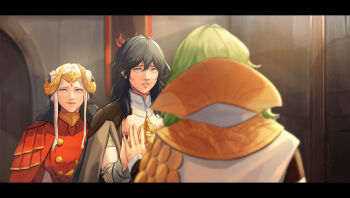 3girls angerykacchan blue_eyes breasts closed_mouth commentary different_reflection dress dual_persona edelgard_von_hresvelg edelgard_von_hresvelg_(timeskip) english_commentary fake_horns female_byleth_(awakened)_(fire_emblem) female_byleth_(enlightened_one)_(fire_emblem) female_byleth_(fire_emblem) fire_emblem fire_emblem:_three_houses gold_horns green_hair hair_between_eyes highres horns indoors letterboxed looking_at_another looking_at_mirror medium_breasts mirror multiple_girls nintendo red_dress reflected_worlds reflection smile white_hair