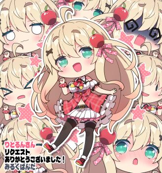  >_< 1girl :d @_@ ^_^ absurdres ahoge apple_hair_ornament bare_shoulders belt belt_buckle black_belt black_thighhighs blank_eyes blonde_hair blush breasts buckle chibi closed_eyes closed_mouth commentary_request commission copyright_request detached_sleeves dress food-themed_hair_ornament frilled_dress frills green_eyes hair_between_eyes hair_ornament hairclip highres large_breasts long_hair milkpanda multiple_views navel nose_blush one_side_up open_mouth outline plaid_clothes plaid_dress pleated_skirt polka_dot polka_dot_scrunchie puffy_short_sleeves puffy_sleeves red_dress red_scrunchie red_shoes scrunchie shaded_face shoes short_eyebrows short_sleeves skeb_commission skirt smile thick_eyebrows thighhighs translation_request very_long_hair wavy_mouth white_outline white_skirt white_sleeves wrist_scrunchie x_hair_ornament 