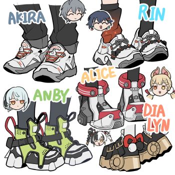  1boy 4girls alice_thymefield anby_demara animal_ear_fluff animal_ears belle_(zenless_zone_zero) black_hair black_pants black_shoes blonde_hair blue_hair braid braided_twintails character_name closed_eyes closed_mouth commentary_request dialyn_(zenless_zone_zero) earrings footwear_focus green_shoes grey_hair hair_ornament headphones heterochromia highres jewelry letter_hair_ornament long_hair low_twintails multicolored_hair multiple_girls one_eye_closed open_mouth orange_eyes pants rabbit_ears rabbit_girl red_eyes shoes short_hair simple_background smile sneakers sphere_hair_ornament split-color_hair twintails washin white_background white_hair white_shoes wise_(zenless_zone_zero) yellow_eyes zenless_zone_zero  rating:General score:3 user:danbooru
