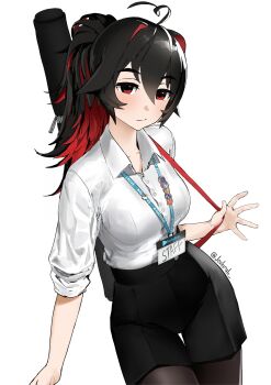 1girl ahoge black_hair black_pantyhose bloop_(gawr_gura) breasts bubba_(watson_amelia) colored_inner_hair cowboy_shot death-sensei_(mori_calliope) document_tube enma-chan highres hololive hololive_english id_card joshirah lanyard light_blush long_hair looking_at_viewer medium_breasts multicolored_hair pantyhose ponytail red_eyes red_hair shorts simple_background sleeves_rolled_up solo takodachi_(ninomae_ina'nis) thigh_gap twitter_username virtual_youtuber white_background 