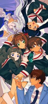  3boys 3girls ache_jiao_ache antenna_hair arm_behind_head black_hair black_necktie blue_cape blue_eyes blue_jacket blunt_bangs brown_eyes brown_hair cape cardcaptor_sakura child crossed_arms daidouji_tomoyo double_bun hair_bobbles hair_bun hair_intakes hair_ornament hairband hand_grab highres jacket kinomoto_sakura kinomoto_touya li_meiling li_syaoran miniskirt multiple_boys multiple_girls necktie pleated_skirt red_eyes red_hairband school_uniform serafuku signature skirt tomoeda_elementary_school_uniform tomoeda_high_school_uniform twintails two_side_up white_hair yue_(cardcaptor_sakura) 