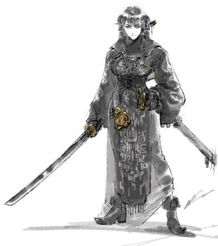  1girl black_robe commentary english_commentary full_body highres holding holding_sword holding_weapon long_hair looking_at_viewer mn90047517 original pelvic_curtain robe saber_(weapon) sheath solo sword unsheathing weapon white_background 