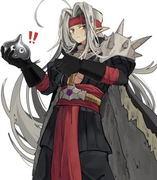  ! !! 1boy 1other ahoge armor bandana black_gloves black_pants black_shirt cape cowboy_shot creature dragon_quest dragon_quest_iv fur_cape gloves harness highres holding holding_creature long_hair looking_at_another looking_to_the_side male_focus metal_slime open_mouth pants parted_bangs pauldrons pisaro pointy_ears red_bandana red_eyes red_sash sash shirt shoulder_armor single_pauldron spiked_pauldrons white_background white_hair y_hcei10 