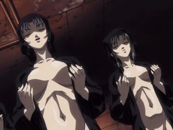 00s 2002 3girls animated animated_gif basement bible_black bible_black_gaiden breasts brown_hair cloak closed_eyes green_hair hood kozono_nami large_breasts lipstick makeup morita_rie multiple_girls naked_robe purple_hair ritual robe shido_saki short_hair smile summoning tagme