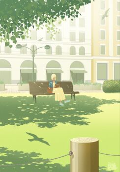  1girl artist_logo artist_name awning bag bench bird blonde_hair book brown_bag building bush commentary dappled_sunlight day english_commentary handbag highres holding holding_book lamppost logo long_skirt original outdoors park reading scenery shadow skirt solo sunlight taizo_(taizo_03) wide_shot yellow_skirt 