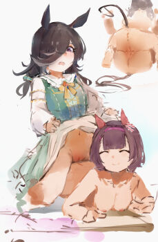  2girls ^_^ absurdres animal_ears anus ass bad_link barefoot black_hair blunt_bangs breasts brown_hair closed_eyes closed_mouth clothed_female_nude_female clothes_lift double-parted_bangs dress dress_lift ear_covers frottage girl_on_top groin hair_over_one_eye hairband highres horse_ears horse_girl horse_tail lifting_own_clothes loli long_hair long_sleeves looking_at_another lying multiple_girls multiple_views navel nipples nishino_flower_(umamusume) no_panties nude official_alternate_costume on_stomach open_mouth purple_eyes pussy pussy_sandwich raised_inner_eyebrows rice_shower_(umamusume) rice_shower_(yummy_dreamy_fairy)_(umamusume) short_hair sketch small_breasts smile soles stomach tail toes tribadism umamusume wista yuri 