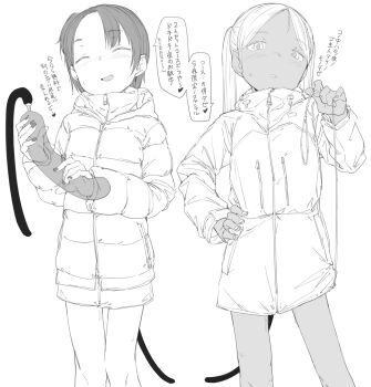  2girls anal anal_beads anal_object_insertion anal_tail blush butt_plug closed_eyes coat commentary_request dark-skinned_female dark_skin dildo fake_tail greyscale hand_on_own_hip high_collar highres holding holding_leash holding_own_leash holding_sex_toy hood hooded_coat implied_tail_plug leash loli long_hair long_sleeves monochrome multiple_girls object_insertion open_mouth original padded_coat pet_play ponytail pussy_juice pussy_juice_trail sex_toy short_hair short_ponytail side_ponytail simple_background small_sweatdrop smile sweat tail twintails white_background white_coat zettai_yarumoni 