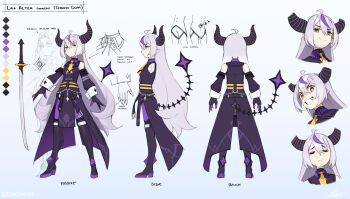 1girl absurdres character_name character_profile chrono_gear:_warden_of_time color_guide dasdokter demon_horns from_behind full_body galaxytrail grey_hair highres hololive horns katana la+_darknesss long_hair multicolored_hair multiple_expressions multiple_views pointing_out_the_details pointy_ears purple_hair reference_sheet shoes smile solo standing streaked_hair sword turnaround variations virtual_youtuber weapon yellow_eyes