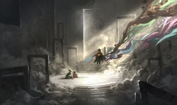  3girls apron black_hat blonde_hair brown_hair chinese_commentary commentary_request dress green_dress green_hair green_skirt hat highres holding holding_sword holding_weapon long_sleeves matara_okina multiple_girls nishida_satono orange_tabard pink_dress sitting skirt sword tabard teireida_mai touhou waist_apron weapon white_apron wide_sleeves wu_zhi_hu_de_zui_qiang_hua_zhe 