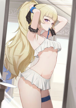 1girl absurdres alternate_costume armpits arms_up aton_(aton2503) bikini black_bow blonde_hair blue_scrunchie bow breasts commentary_request cowboy_shot frilled_bikini frills from_side hair_bow hair_tie_in_mouth hat highres looking_at_viewer medium_breasts mirror mouth_hold navel partial_commentary phoebe_(wuthering_waves) purple_eyes reflection scrunchie solo stomach swimsuit tacet_mark_(wuthering_waves) thigh_strap thighs tying_hair underboob unworn_hat unworn_headwear white_bikini white_hat wuthering_waves rating:Sensitive score:79 user:danbooru