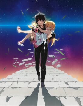  1boy 1girl absurdres ahoge apron araragi_koyomi arms_around_neck back_bow backlighting black_eyes black_hair black_jacket black_pants blonde_hair bow bow_apron bracelet carrying closed_mouth crossed_legs debris donut expressionless falling_leaves flipped_hair food food_bite food_in_mouth footwear_bow from_above full_body gakuran gradient_sky grey_shoes hair_between_eyes hair_flaps hair_over_one_eye hands_up high_collar highres holding holding_donut holding_food jacket jewelry leaf lens_flare long_hair looking_at_viewer monogatari_(series) mouth_hold naoetsu_high_school_uniform non-web_source official_art oshino_shinobu pants parted_lips pink_skirt plantar_flexion pointy_ears princess_carry red_bow red_trim sandals scan school_uniform shadow shoes short_hair skirt sky slit_pupils smile smug stairs star_(sky) starry_sky stone_stairs straight-on third-party_source waist_bow walking white_apron white_shoes yellow_eyes 