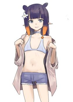  1girl alternate_costume bikini blue_eyes blue_shorts denim denim_shorts flat_chest flower gradient_hair hair_flower hair_ornament hololive hololive_english looking_at_viewer mole mole_under_eye multicolored_hair navel ninomae_ina'nis nynaceae open_mouth orange_hair pointy_ears purple_hair short_shorts shorts simple_background solo swimsuit teeth tentacle_hair upper_teeth_only virtual_youtuber white_background white_bikini white_flower 