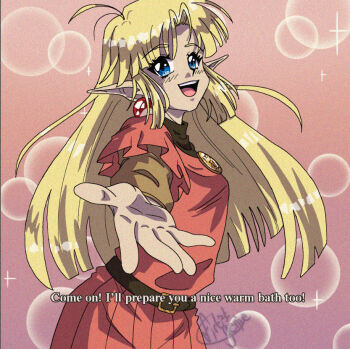  1990s_(style) 1girl belt blonde_hair blue_eyes commission commissioner_upload deltaflareon dress earrings elf english_text fake_screenshot film_grain jewelry long_hair looking_at_viewer lotte_farona official_art open_hand open_mouth orange_dress orange_shirt outstretched_hand pointy_ears retro_artstyle shirt signature smile solo sparkle subtitled teeth upper_teeth_only ways_of_darkness_(series) 