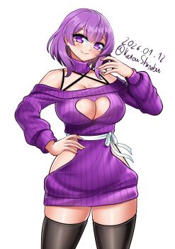  1girl absurdres black_thighhighs breasts cleavage clothing_cutout commentary cowboy_shot dated dress english_commentary hair_between_eyes halterneck hand_on_own_hip heart_cutout highres kantai_collection katou_shinobu large_breasts lexington_(kancolle) looking_at_viewer one-hour_drawing_challenge purple_eyes purple_hair purple_sweater ribbed_sweater short_hair simple_background smile solo sweater sweater_dress thighhighs twitter_username virgin_killer_sweater white_background 