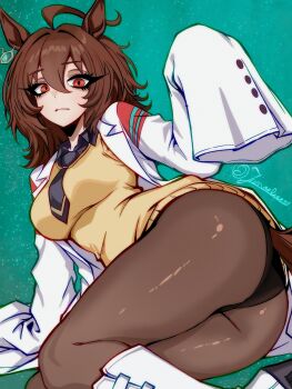  1girl absurdres agnes_tachyon_(tach-nology)_(umamusume) agnes_tachyon_(umamusume) ahoge animal_ears ass black_necktie black_panties boots breasts brown_hair brown_pantyhose closed_mouth commentary english_commentary green_background hair_between_eyes highres horse_ears horse_girl horse_tail junoelise161 lab_coat looking_at_viewer medium_breasts necktie panties panties_under_pantyhose pantyhose red_eyes short_hair sleeves_past_fingers sleeves_past_wrists solo sweater_vest tail thighs umamusume underwear white_boots yellow_sweater_vest  rating:Sensitive score:46 user:danbooru