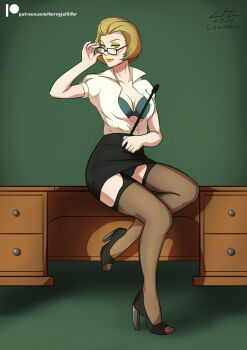 1girl black_panties black_skirt bra bra_peek breasts brown_eyes brown_hair cleavage eyeshadow female_focus fire_emblem fire_emblem:_three_houses full_body garter_straps glasses high_heels highres hornyjaillifer legs lips lipstick makeup manuela_casagranda mature_female medium_breasts mole mole_under_eye nintendo open_clothes open_shirt orange_lips panties pantyshot pantyshot_(sitting) pencil_skirt pointer revealing_clothes shirt short_hair sitting skirt solo teacher thighhighs thighs underwear upskirt