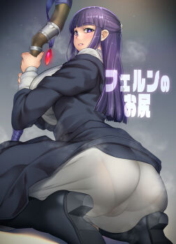  ass blush boots breasts dress fern_(sousou_no_frieren) huge_ass huge_breasts kneeling looking_back pantylines purple_eyes purple_hair sousou_no_frieren staff 