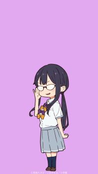  1girl adjusting_eyewear black_socks blush bow bowtie brown_shoes chibi chibi_only collar collared_shirt commentary_request fogged_glasses grey_skirt highres imigimuru long_hair looking_at_viewer make_heroine_ga_oo_sugiru! official_art official_wallpaper open_mouth pleated_skirt ponytail purple_background purple_bow purple_bowtie purple_hair school_uniform second-party_source shirt shoes short_sleeves sidelocks simple_background skirt smile smug socks solo standing tsukinoki_koto tsuwabuki_high_school_uniform white_shirt yellow_bow yellow_bowtie 