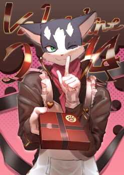  1boy animal_ears apron black_shirt blush box box_of_chocolates cat_boy cat_ears closed_mouth commentary_request dated finger_to_mouth frilled_apron frills furry furry_male gloves green_eyes highres log_horizon looking_at_viewer male_focus nyanta_(log_horizon) one_eye_closed shirt smile valentine white_apron white_gloves yurari_yr 
