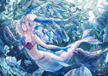  1girl bikini blue_eyes blue_horns commentary_request entangled fishing_net full_body highres holding horns long_hair looking_at_viewer mermaid monster_girl muze-8 original plastic_bottle pollution seal_(animal) shell shell_bikini solo swimsuit trash underwater webbed_hands 