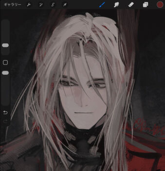  1boy arknights arknights:_endfield art_program_in_frame babu_don_(don_10_13) bishounen black_background black_eyes closed_mouth color_guide commentary_request grey_hair hair_wings head_wings long_hair looking_to_the_side male_focus pogranichnik_(arknights) portrait procreate_(software) smile solo twitter_username user_interface wings 