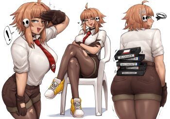  ! 1girl ahoge arm_up ass blunt_bangs breasts brown_gloves brown_hair brown_pantyhose brown_shorts character_request closed_mouth collared_shirt copyright_request crossed_arms crossed_legs denim denim_shorts facial_mark foreshortening gloves green_eyes hair_intakes hair_ornament hannesfkr highres large_breasts looking_at_viewer necktie open_mouth pantyhose red_necktie shirt shoes short_shorts short_sleeves shorts sidelocks simple_background sitting skull_hair_ornament smile sneakers solo speech_bubble spoken_exclamation_mark torn_clothes torn_pantyhose videocassette white_background white_shirt yellow_shoes 